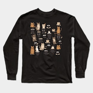 Cats and Coffee Pattern Long Sleeve T-Shirt